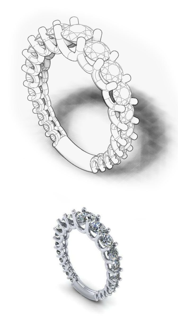 Three-stone diamond engagement ring CAD render